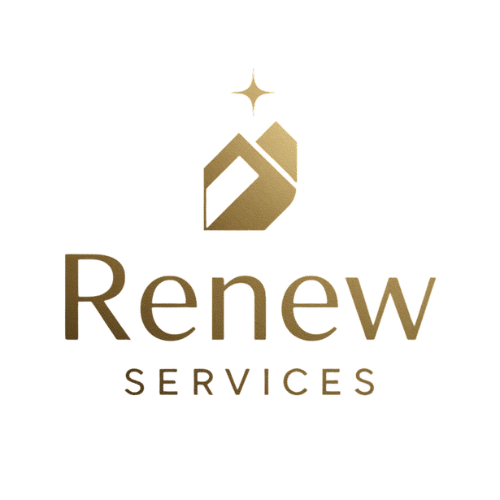 Renew Wood Flooring logo featuring a modern design with gold elements, representing hardwood floor refinishing services in Socastee, SC.